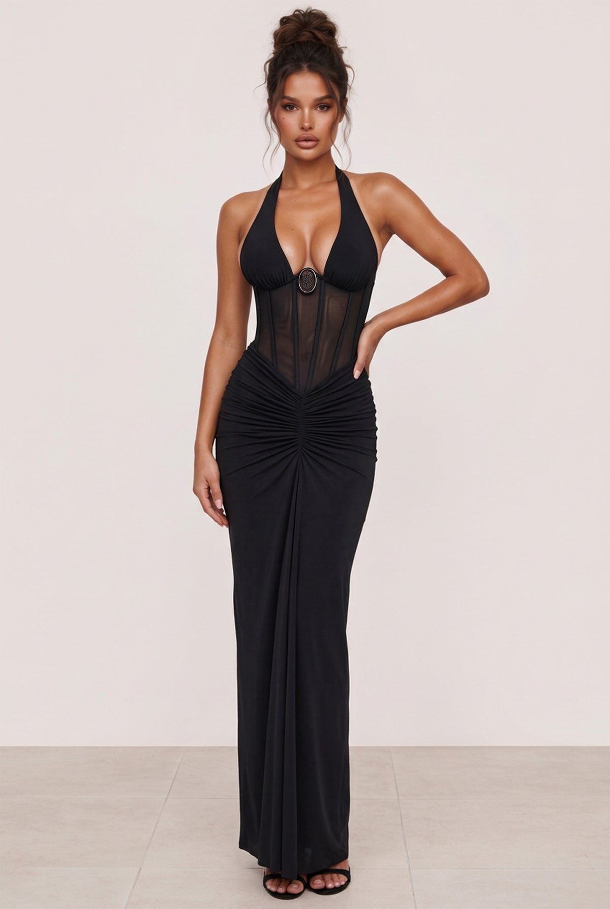 Amaya Sheer Corset Halter Maxi Dress in black, full-length front view with a plunging neckline and ruched maxi dress.