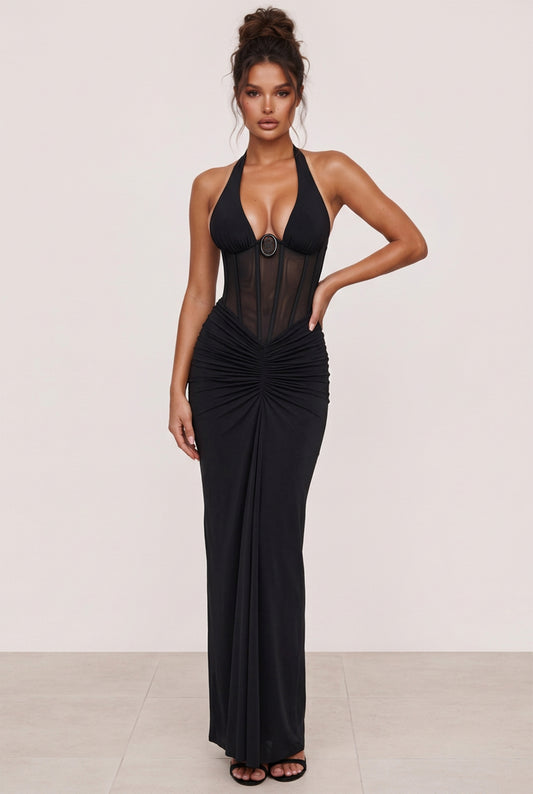 Amaya Sheer Corset Halter Maxi Dress in black, full-length front view with a plunging neckline and ruched maxi dress.