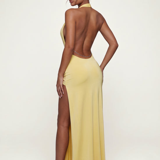 Winnie pale yellow maxi gown back view with deep open back