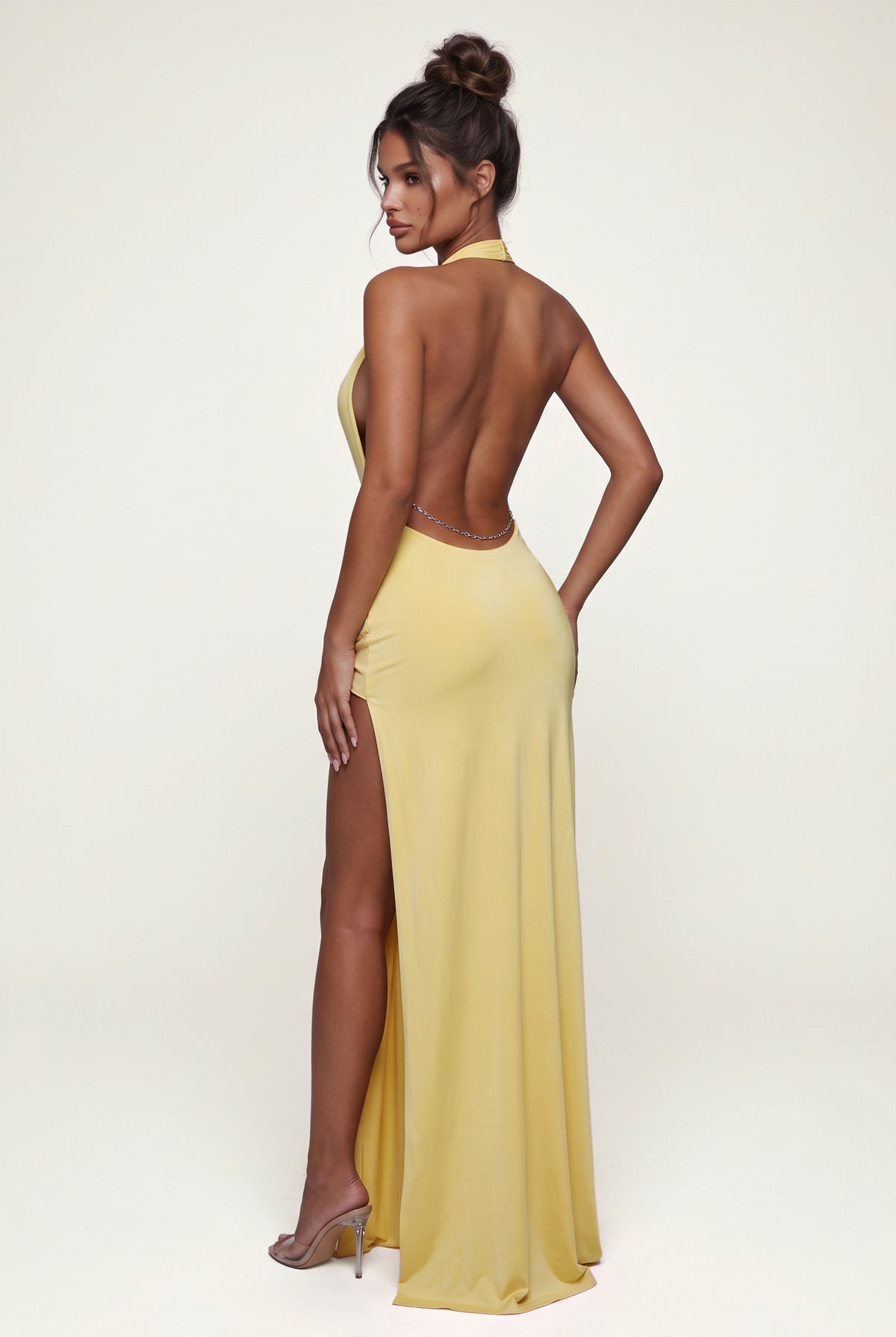 Winnie pale yellow maxi gown back view with deep open back