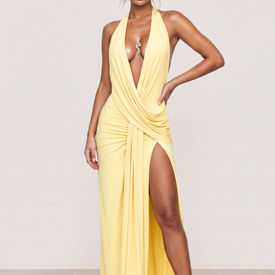 Winnie pale yellow draped plunge maxi gown with deep V neckline