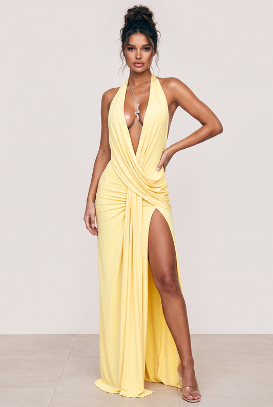Winnie pale yellow draped plunge maxi gown with deep V neckline