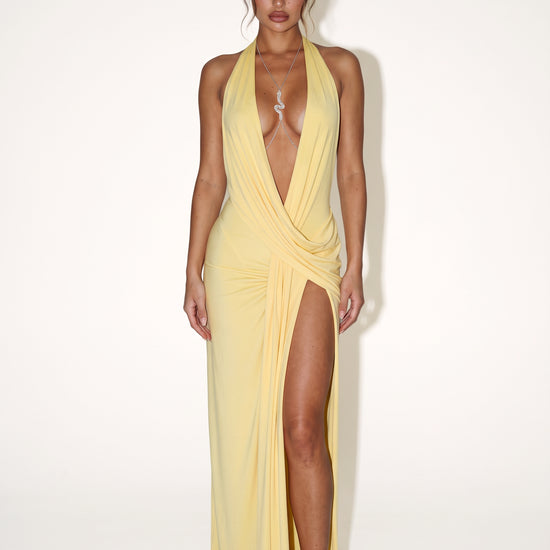 Winnie pale yellow draped evening maxi dress from I AM SÓL