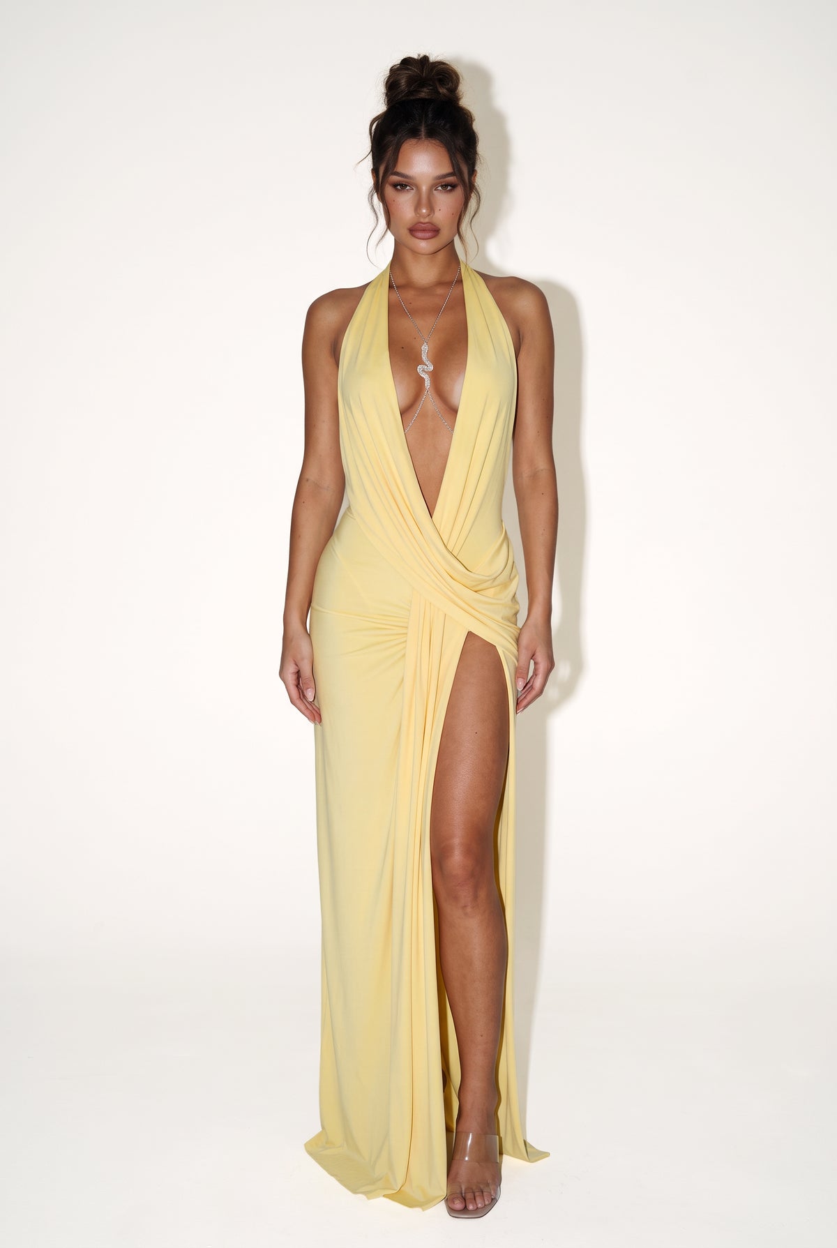 Winnie pale yellow draped evening maxi dress from I AM SÓL